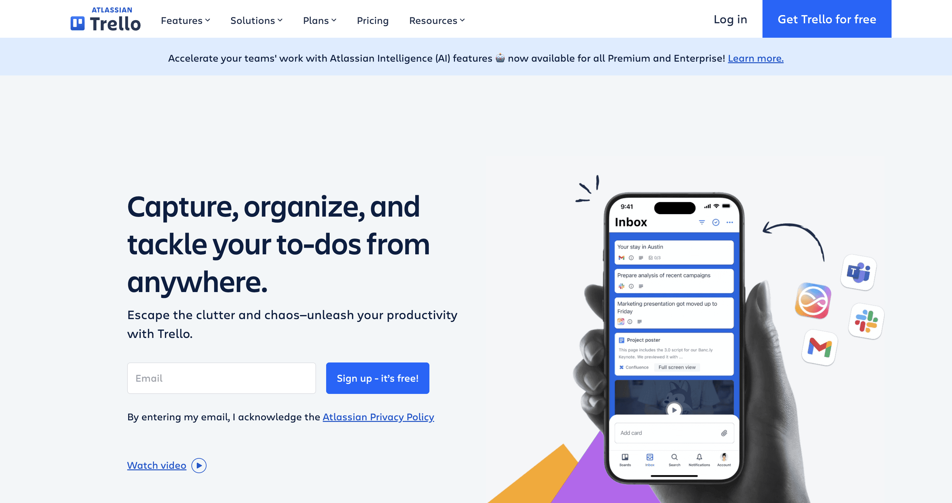 Trello homepage showing task organization and to-do management from anywhere.