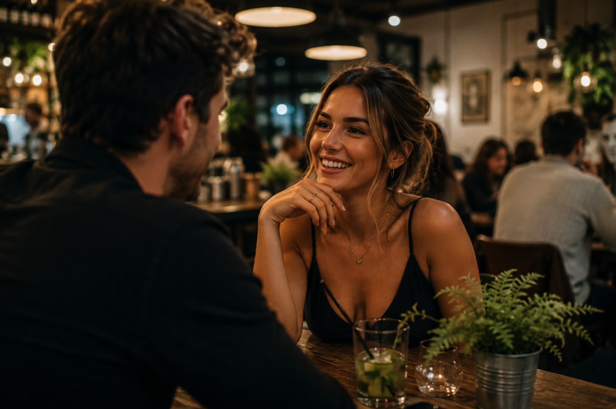 eine frau spricht mit einem mann in einem restaurant