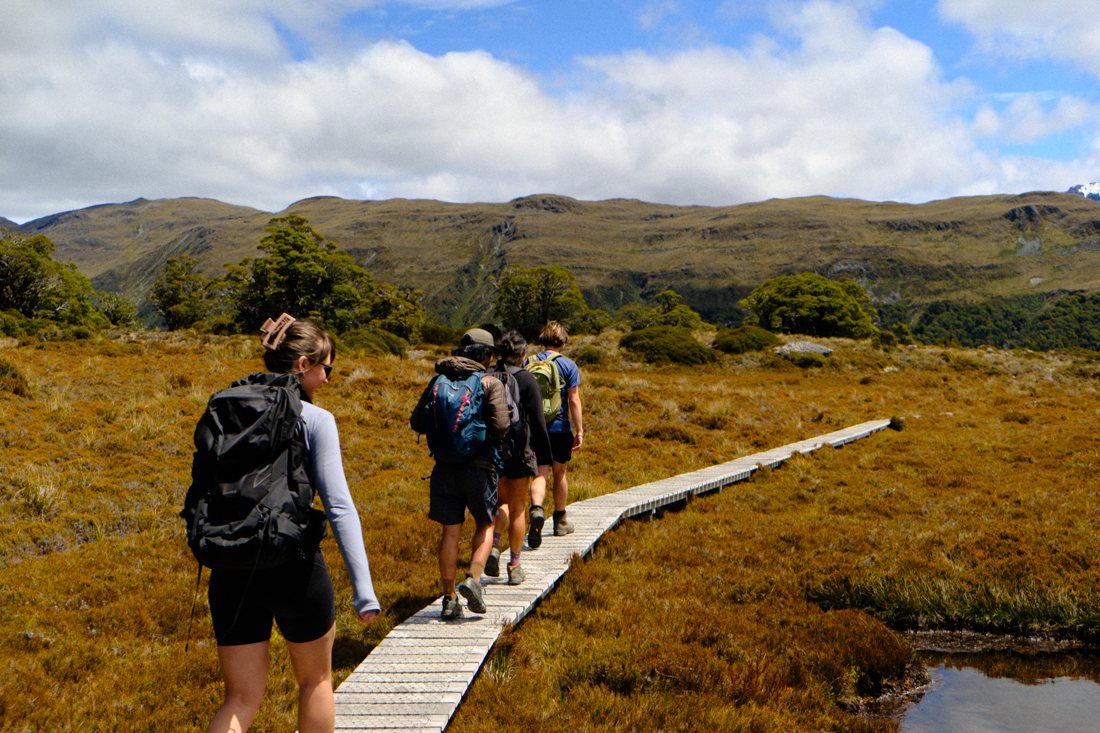 Four trekkers walking along a boardwalk over golden tussock with mountains behind
