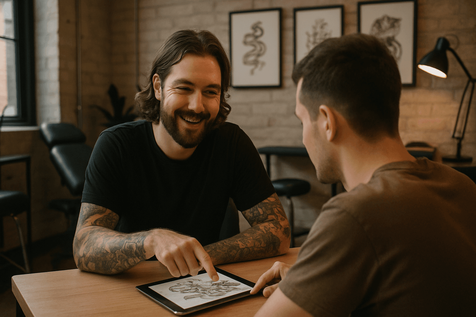 A friendly tattoo consultation at Sacred Skin Tattoo in Williston, discussing a custom design with a new client.