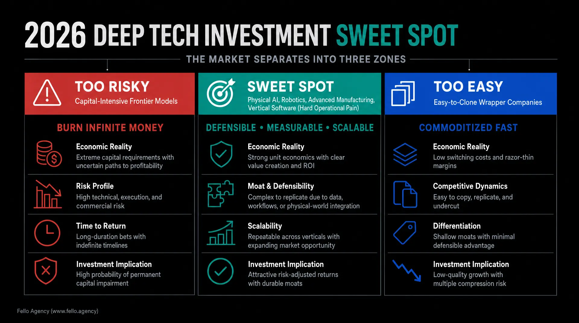 Black infographic titled "2026 Deep Tech Investment Sweet Spot" splits into "Too Risky," "Sweet Spot," and "Too Easy," highlighting ROI, defensibility, and scalability for deep tech marketing.