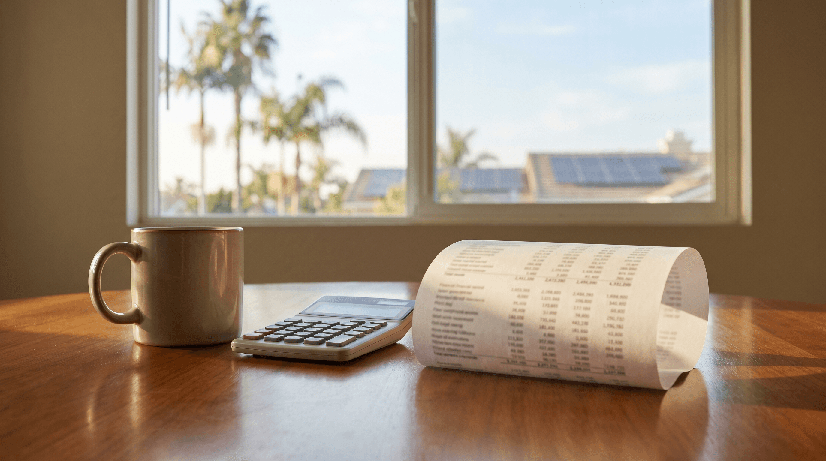 Calculator and a solar-savings spreadsheet on a sunlit kitchen table, rooftop panels visible outside
