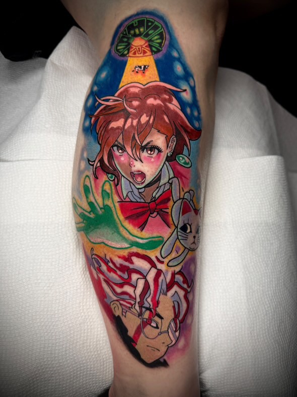 A vibrant full calf tattoo bursting with energy, featuring Momo, Turbo Granny, and Okarun caught in an alien abduction beam. The glowing colors and dynamic composition bring this chaotic and fun scene from Dandadan to life, blending cosmic vibes with the anime’s unique humor.