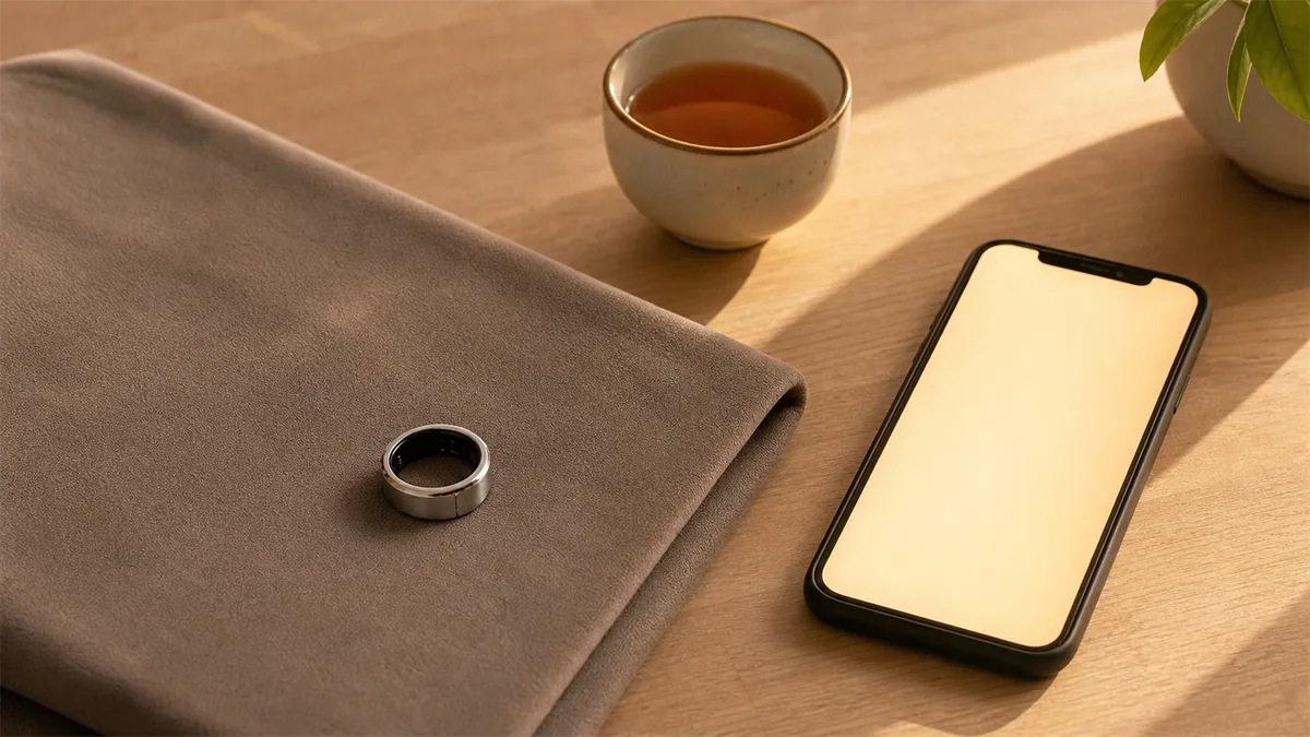 Silver smart tasbih ring on a plain prayer mat beside tea and a blank glowing phone