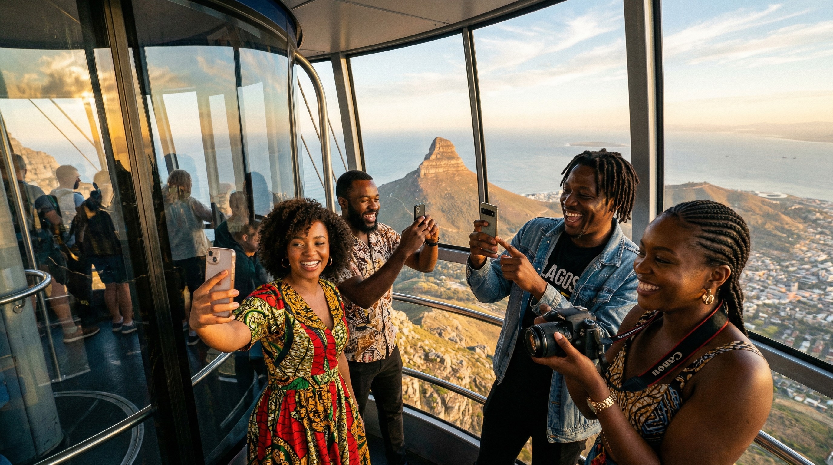 Young Africans laughing and taking photos inside a cable car with Table Mountain summit and Cape Town coastline visible through the glass windows at golden hour