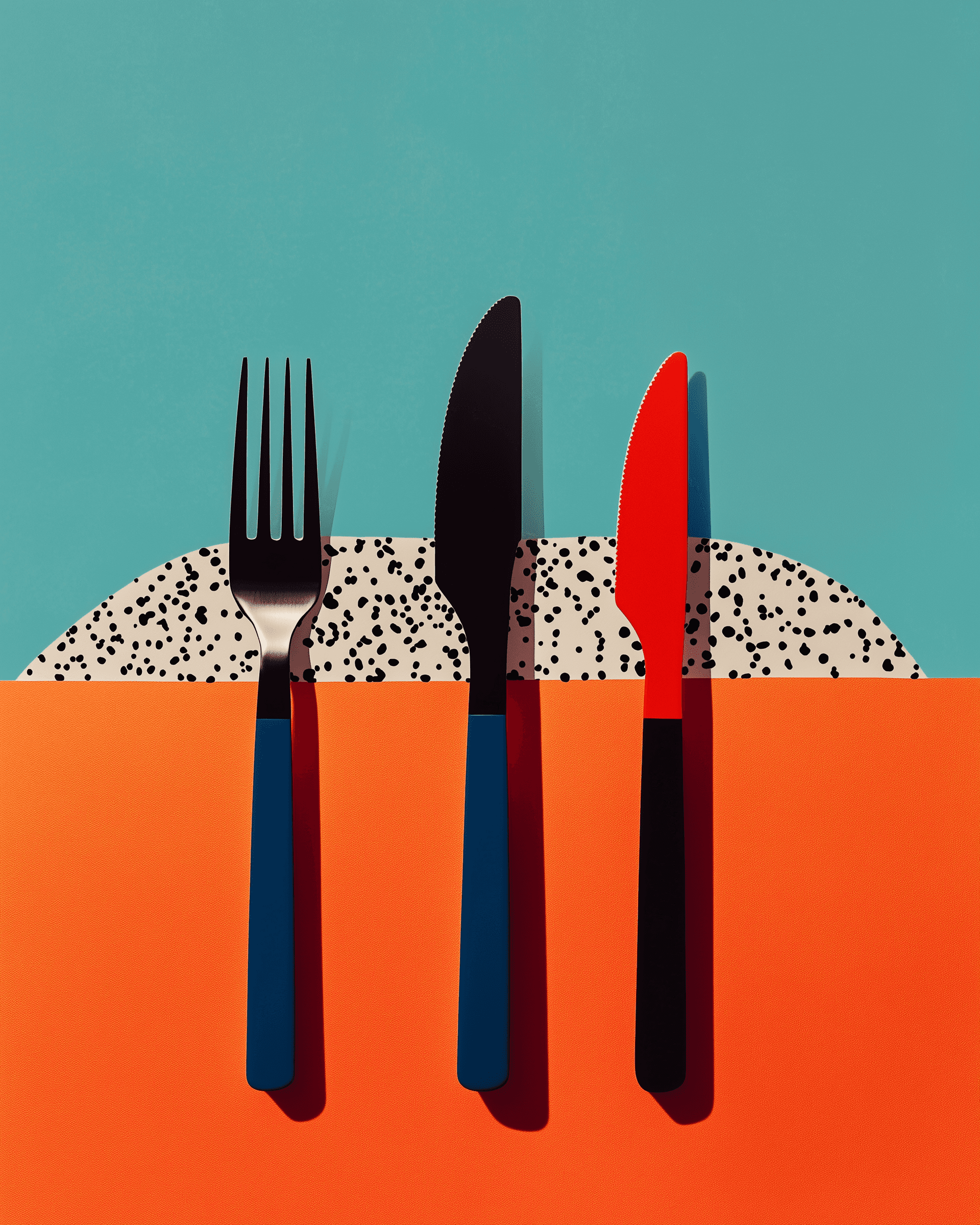 Modern illustration of cutlery on a colorful background with teal, speckled, and orange sections. Bold and contemporary design.