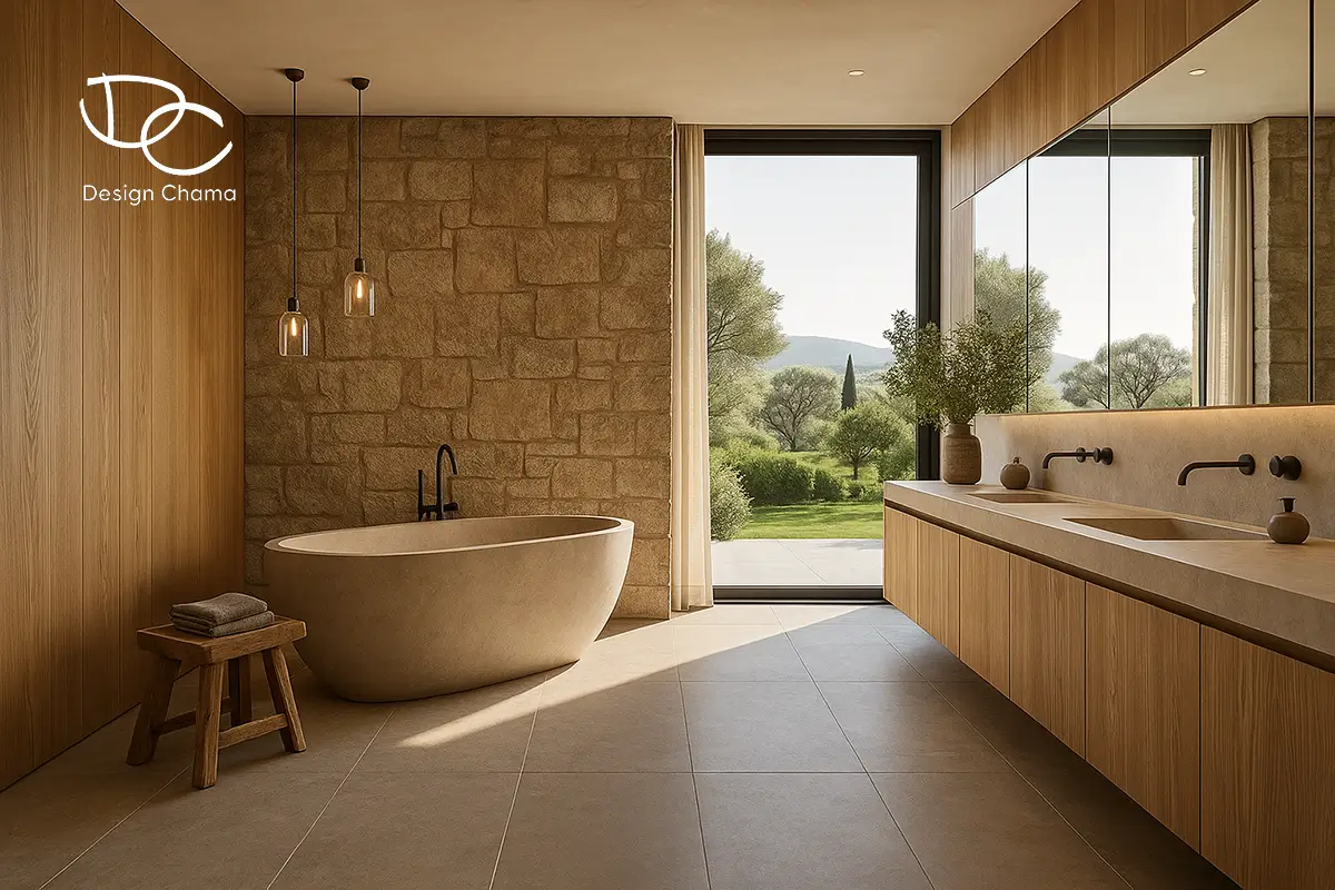 Πολυτελές μπάνιο με ελεύθερη μπανιέρα, πέτρινο τοίχο και φυσικό φως από μεγάλο παράθυρο.