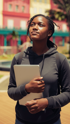 Étudiante de l'ICEA Martinique portant une tablette et regardant vers l'avenir, illustrant la réflexion et les valeurs spirituelles au cœur du projet éducatif de l'école.