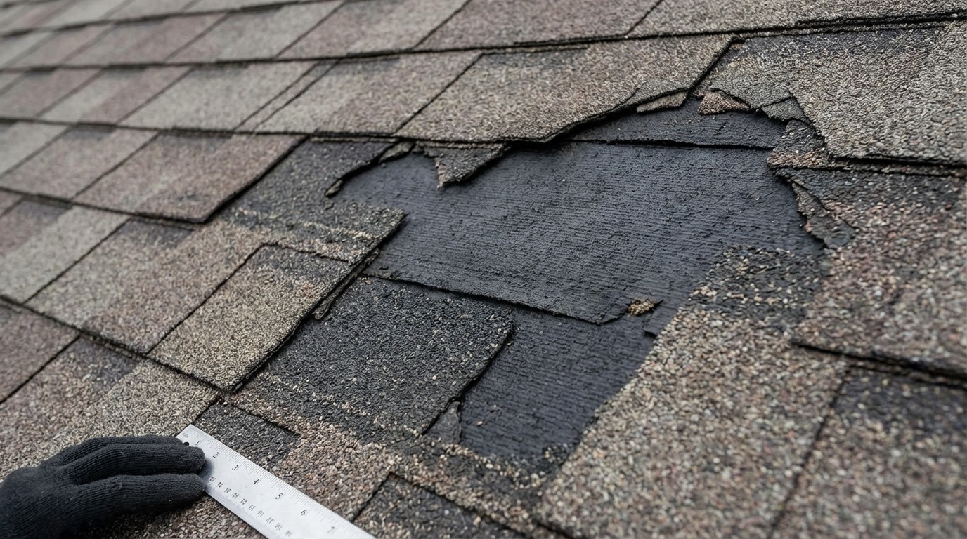 Missing roof shingles from storm damage exposing underlayment