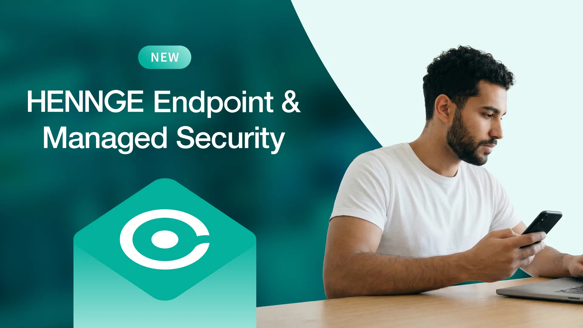 HENNGE Endpoint and Managed Security announcement banner featuring a person's hand interacting with a digital interface and the green HENNGE Endpoint & Managed Security logo icon.