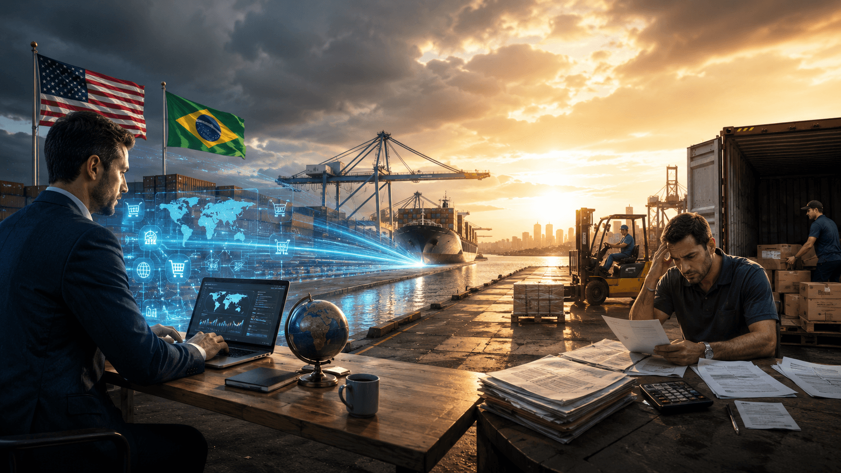 Ilustração realista em 3D de um porto comercial moderno ao pôr do sol. Em primeiro plano, um executivo acompanha operações de comércio em um notebook com elementos digitais de vendas e distribuição integrados à cena. Ao fundo, navios cargueiros, contêineres, guindastes e empilhadeiras movimentam mercadorias. O ambiente transmite adaptação rápida ao mercado e uso de canais digitais para acelerar vendas e distribuição, com foco em logística, exportação e comércio B2B. Sem textos visíveis na imagem.