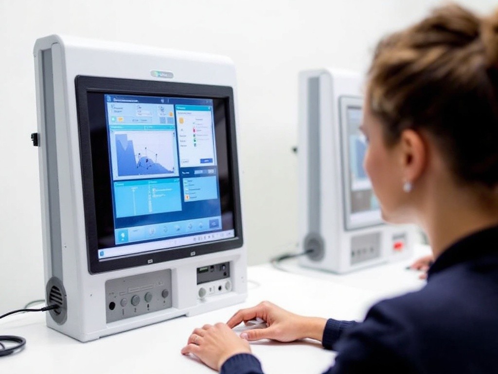 A woman is sitting in front of a computer screen, which displays graphs and charts.