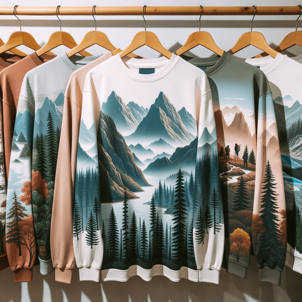 3 similar shirts, all showing mountain illustrations