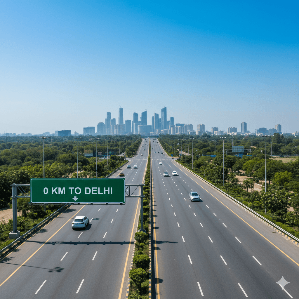 Expressway sign indicating close proximity to Delhi border, Sector 113