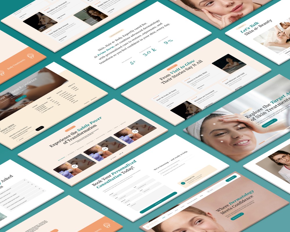 Collage of various web pages from a dermatology clinic website, featuring sections such as 'Body Treatments,' 'Let's Talk Skin & Beauty,' 'Your Wellness Experience,' 'The Subtle Power of Transformation,' 'From Visit to Glow: Their Stories Say It All,' 'Explore the Target Areas of Skin Treatments,' and 'Where Dermatology Meets Confidence,' with images of skincare treatments, consultations, and testimonials.