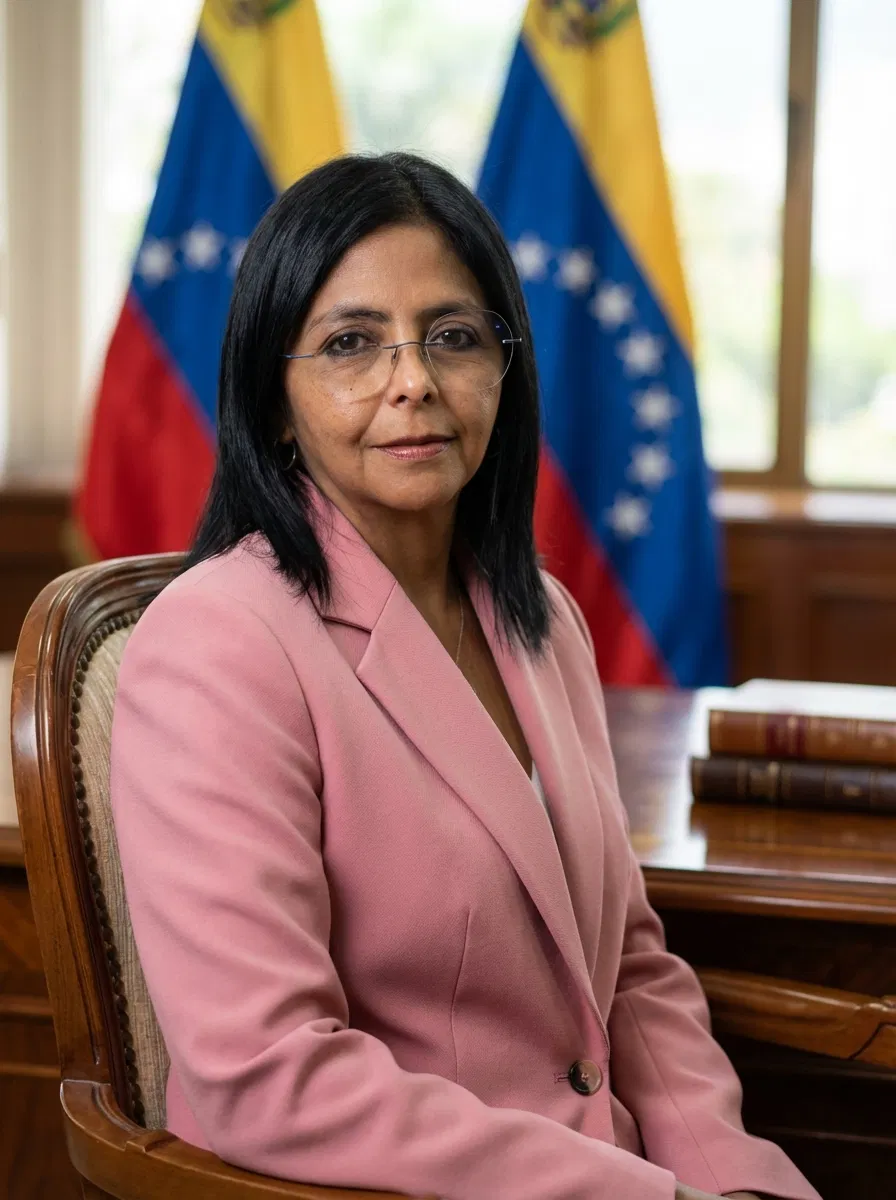 Delcy Rodríguez in a formal political setting with the Venezuelan flag in the background.