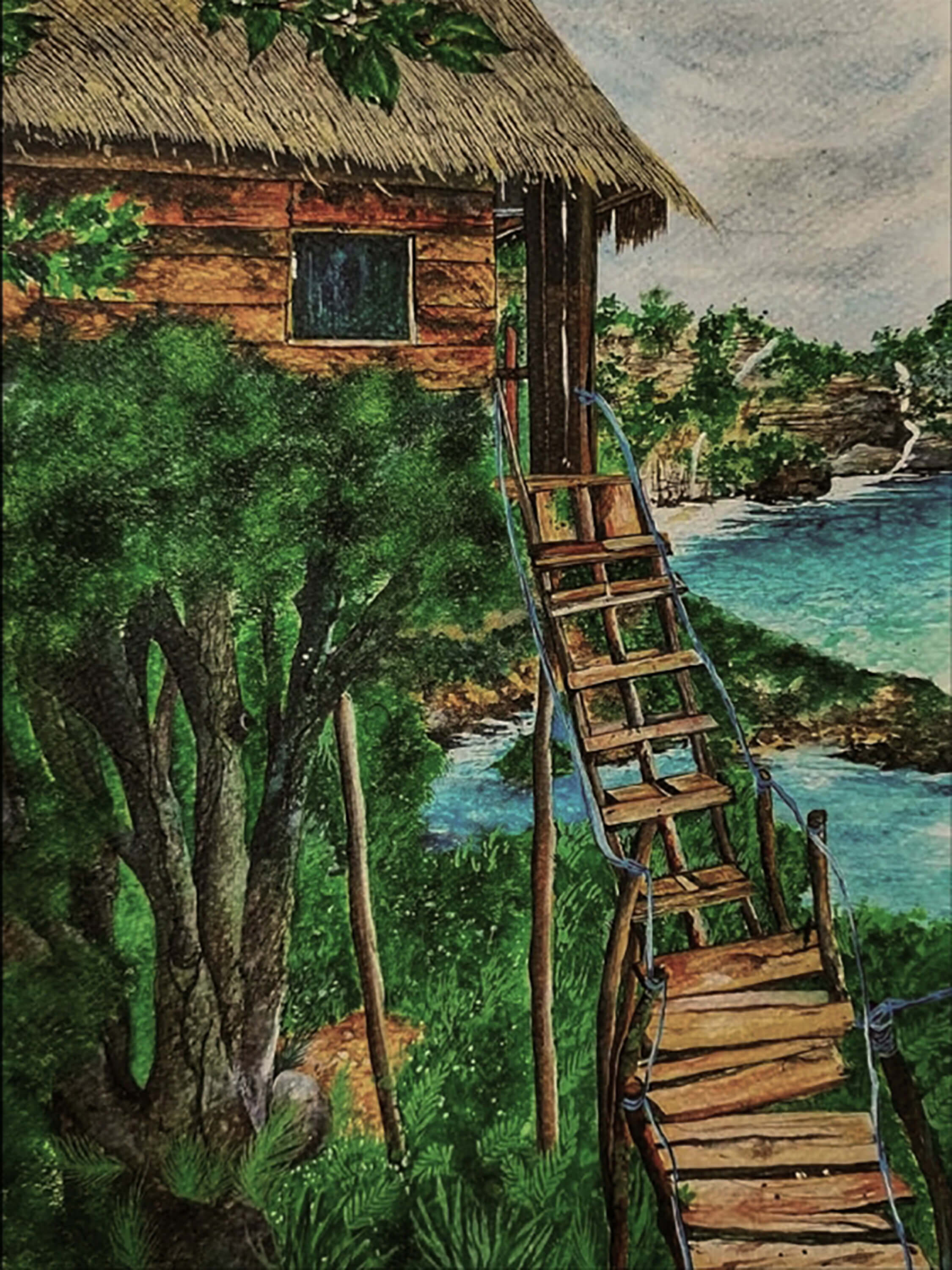 Watercolor painting of a wooden hut with a thatched roof beside turquoise water, reached by a narrow wooden staircase through green trees.