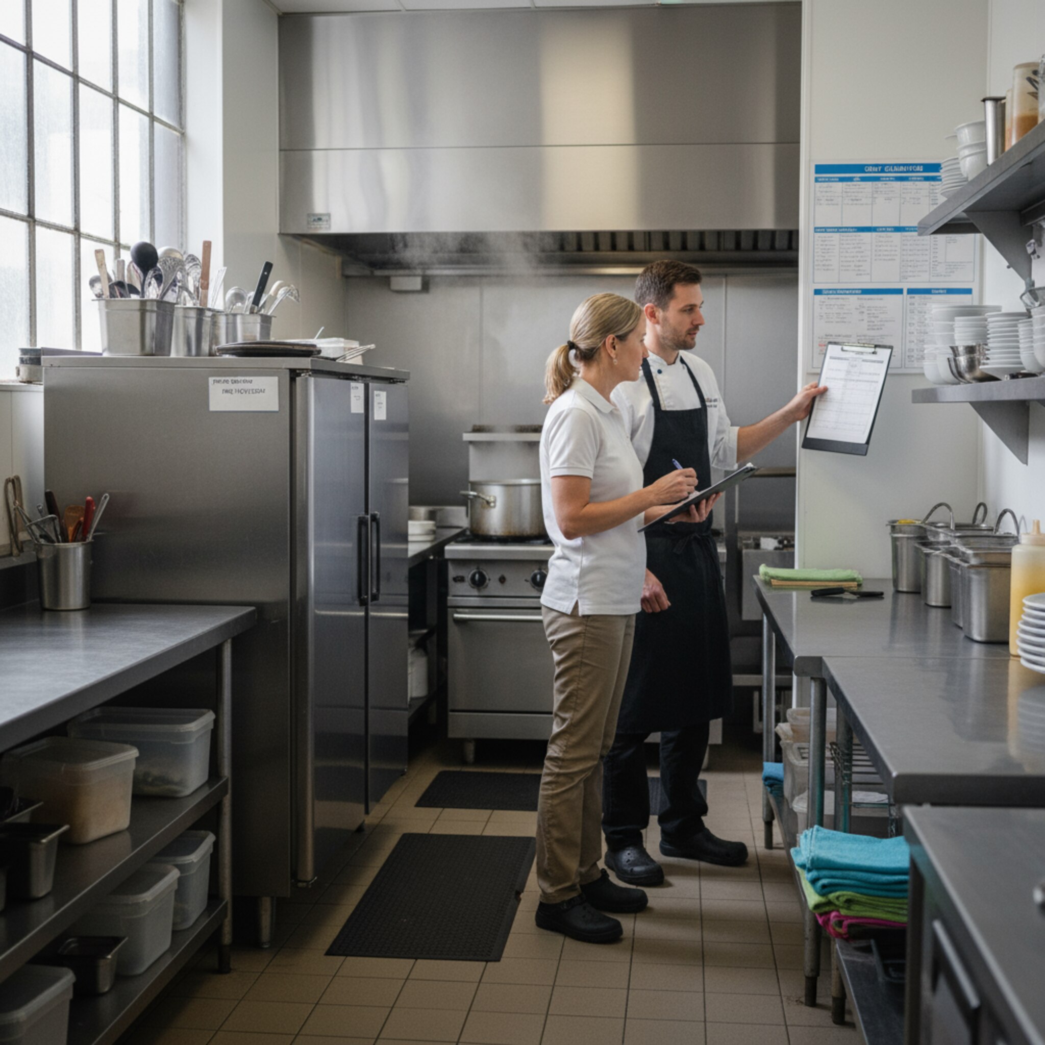 Ein Inspektor in schlichter Arbeitskleidung steht in einer Restaurantküche und prüft eine sauber beschriftete Kühlbox. Ein Mitarbeiter zeigt auf eine Checkliste an der Wand. Dampf steigt leise aus einem Topf, Edelstahlflächen glänzen. Die Szene wirkt professionell, strukturiert und fokussiert auf Hygieneabläufe vor Ort.