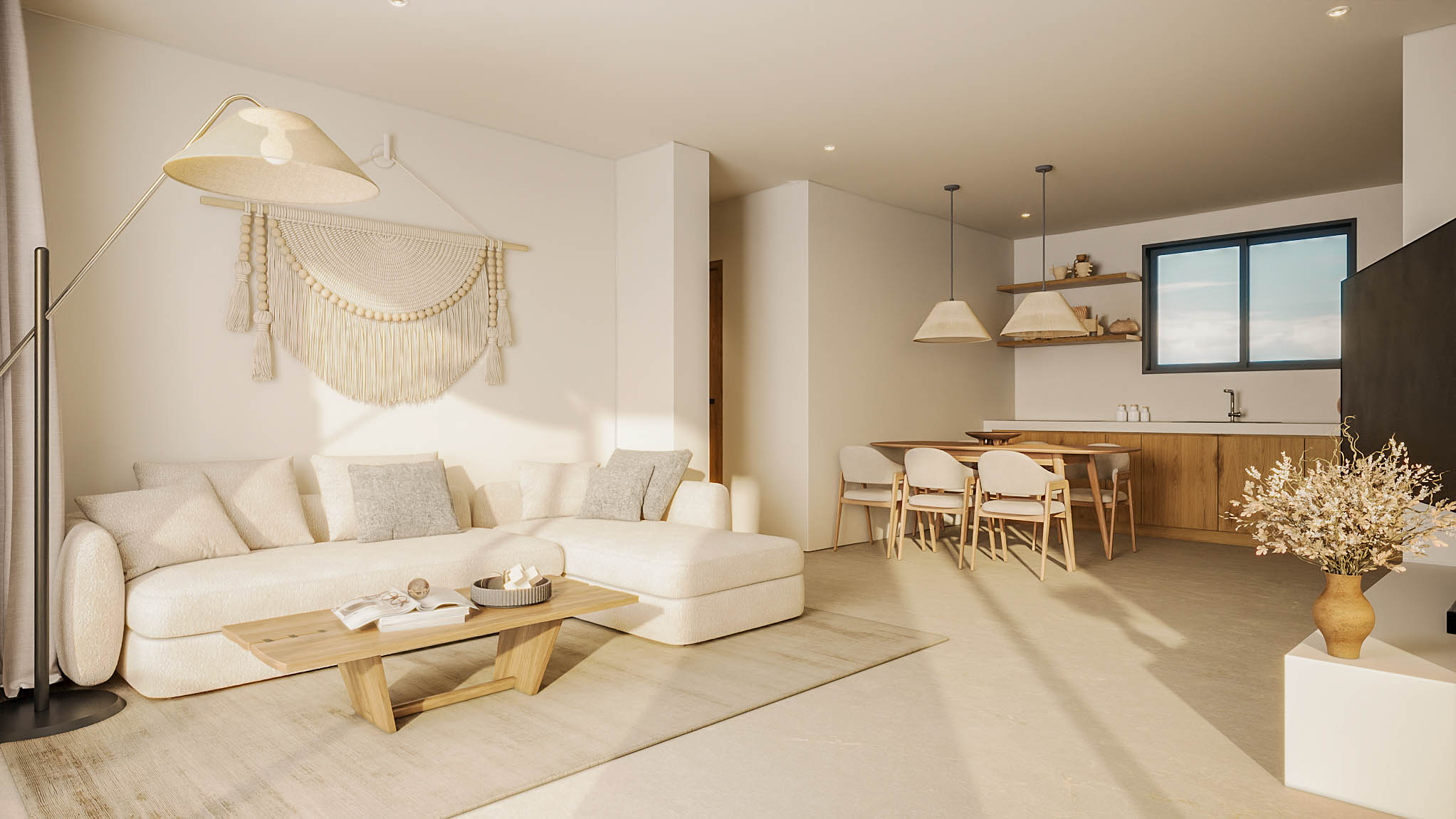 Modern indoor space with large glass doors, lush greenery, and a cozy seating area visible beyond.