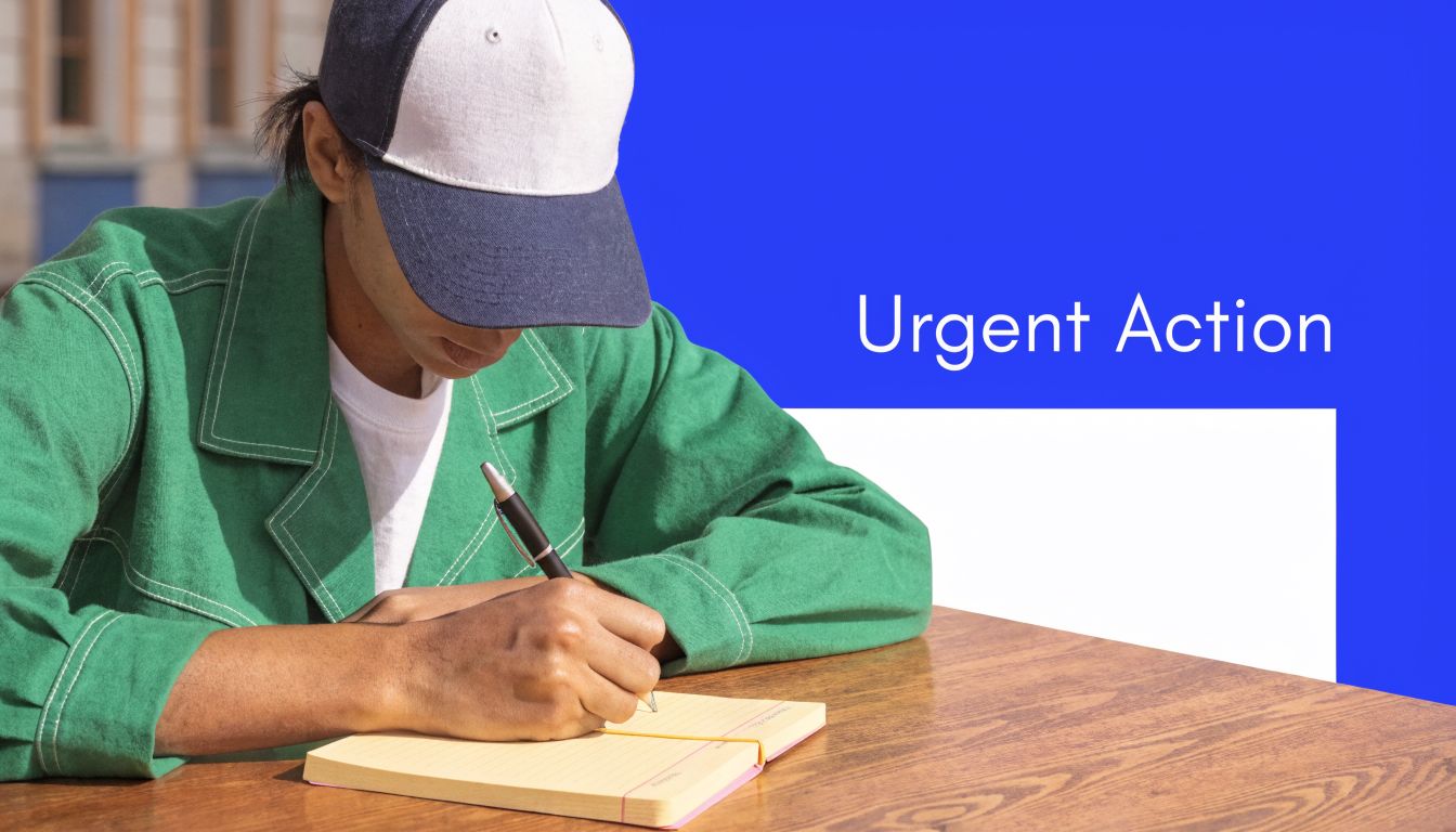 A person wearing a cap and green jacket writing in a notebook at a wooden table.