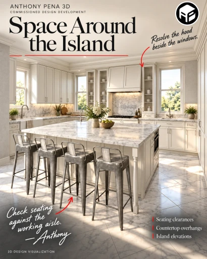 Concept kitchen cover with a broad island, four stools and a hood beside tall windows.