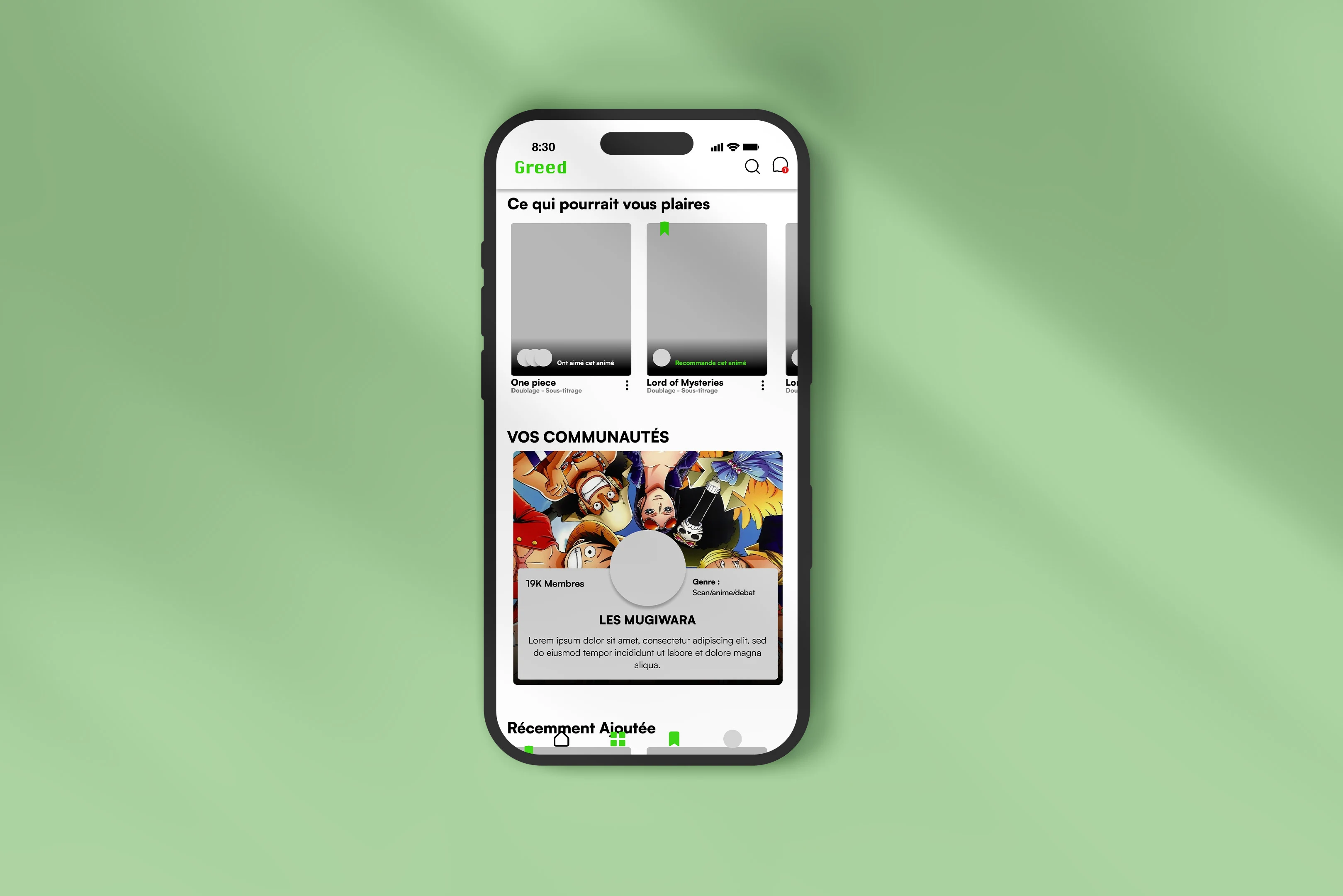 Mockup of the homepage of the Greed app