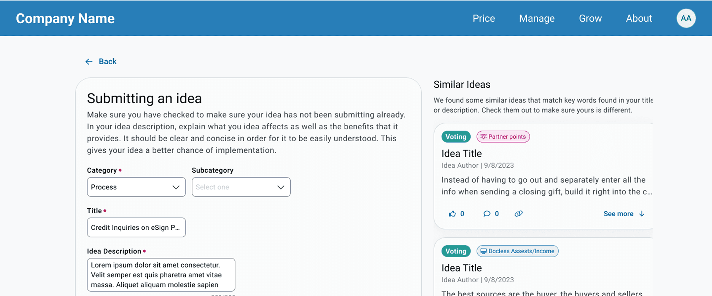 A form to submit an idea with a column to the right showing ideas similar ideas
