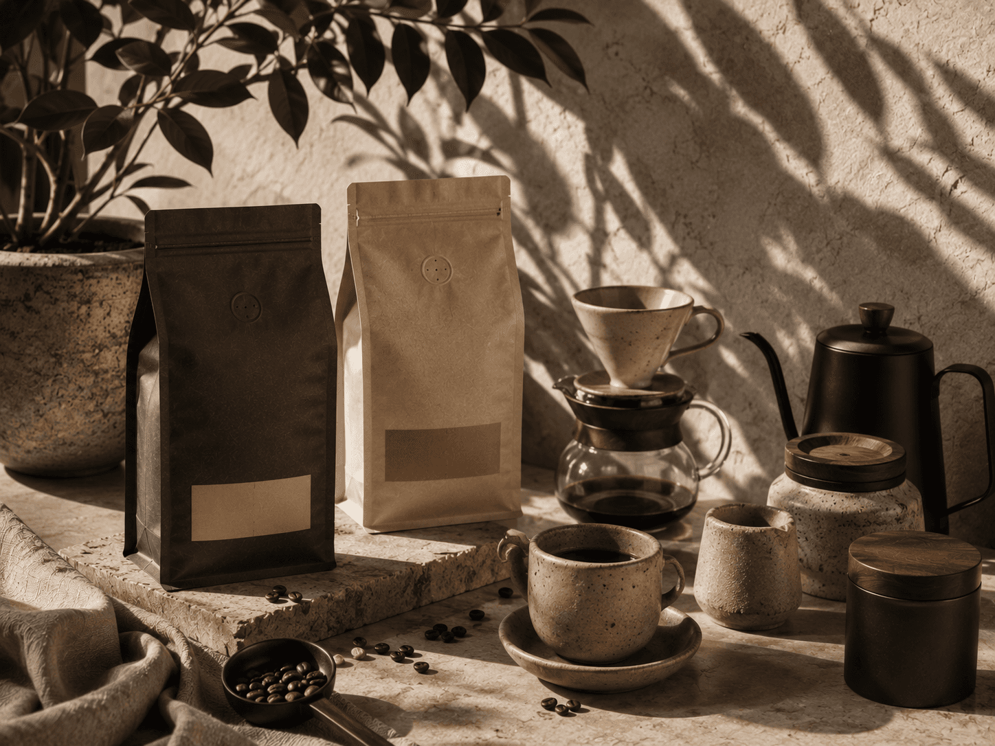 Artisan coffee packaging displayed in a naturally lit café-inspired setting with coffee bags, pour-over brewing equipment, ceramic cups, coffee beans, and premium containers, highlighting a refined minimalist brand aesthetic.