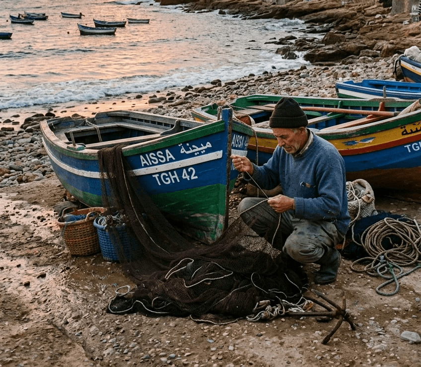 Fisherman mending nets beside painted boats on the Atlantic shore at dusk