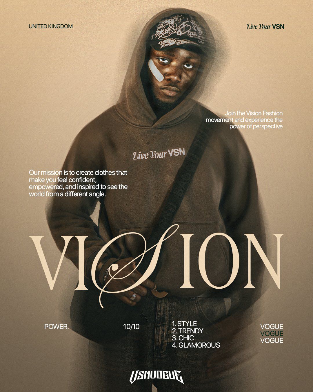 Urban-themed fashion poster featuring a person in a hoodie and bandana. Text reads "VISION" with stylish keywords like "trendy" and "glamorous," promoting confidence and empowerment.