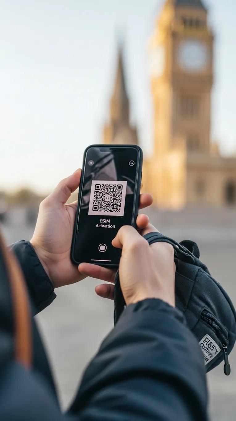 Person scanning a QR code on a smartphone in a travel setting, symbolizing eSIM activation
