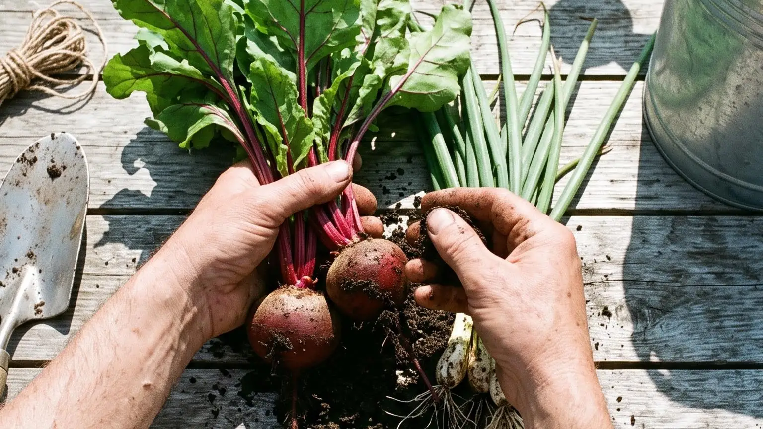 Seen from above, two hands lifting soil from freshly pulled beetroot on an allotment bench in hard sunlight