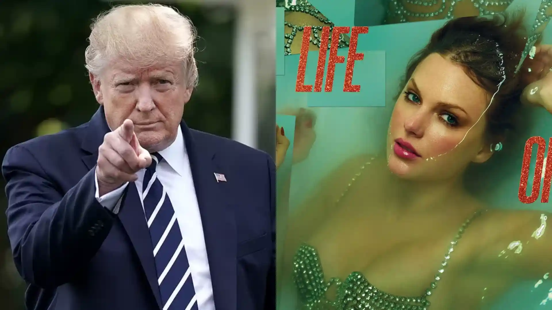 A split image of Donald Trump and Taylor Swift, highlighting the political use of her music on TikTok.