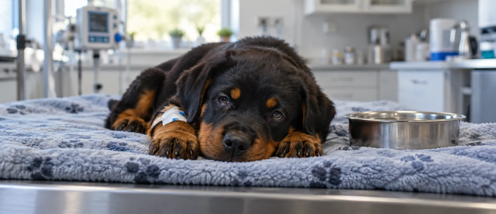 Rottweiler puppy lying weakly on a blanket with an IV catheter in its paw.