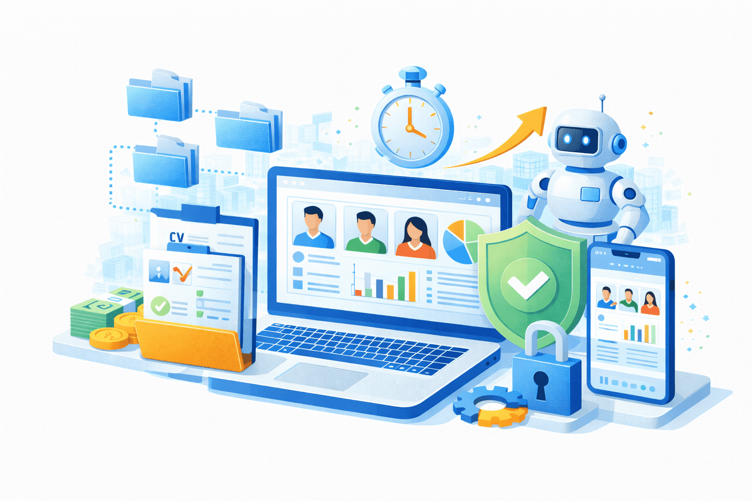 Ilustrasi AI‑assisted customer verification, document management, dan secure data processing. Di tengah terdapat laptop dengan dashboard profil pelanggan (avatar, grafik batang, dan pie chart). Di sisi kiri terlihat dokumen CV dan folder digital yang terhubung melalui alur titik‑titik, menandakan pengelolaan dan validasi dokumen. Di sisi kanan, robot/AI assistant berdiri di samping smartphone dengan tampilan dashboard serupa, melambangkan otomasi dan dukungan AI lintas kanal. Perisai hijau bertanda centang dan ikon gembok menunjukkan keamanan, verifikasi, dan kontrol akses. Di bagian atas terdapat jam dengan panah naik yang menggambarkan efisiensi waktu dan percepatan proses. Elemen database, roda gigi, uang/koin, dan cloud merepresentasikan penyimpanan terpusat, otomasi, nilai bisnis, serta integrasi sistem end‑to‑end yang aman dan efisien.