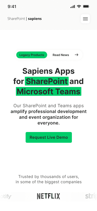 Mobile Ansicht der Sapiens-Website mit Fokus auf Apps für SharePoint und Microsoft Teams. Die Seite bewirbt die Sapiens-Apps, die die berufliche Entwicklung und Event-Organisation unterstützen. Eine Schaltfläche mit der Aufschrift "Request Live Demo" ist hervorgehoben. Logos von bekannten Unternehmen wie Netflix sind im unteren Bereich als Referenzen aufgeführt.