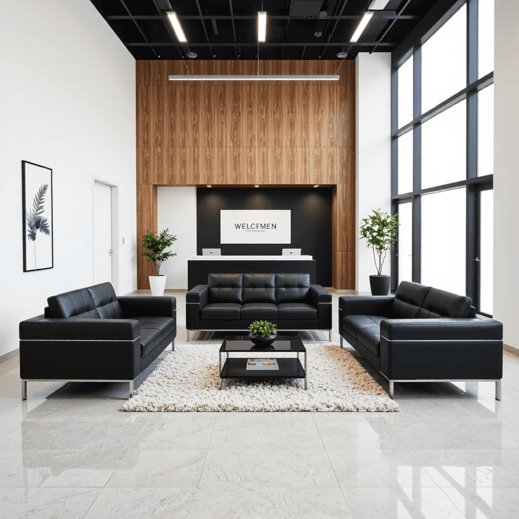 product photography of a set of black leather sofas and a coffee table