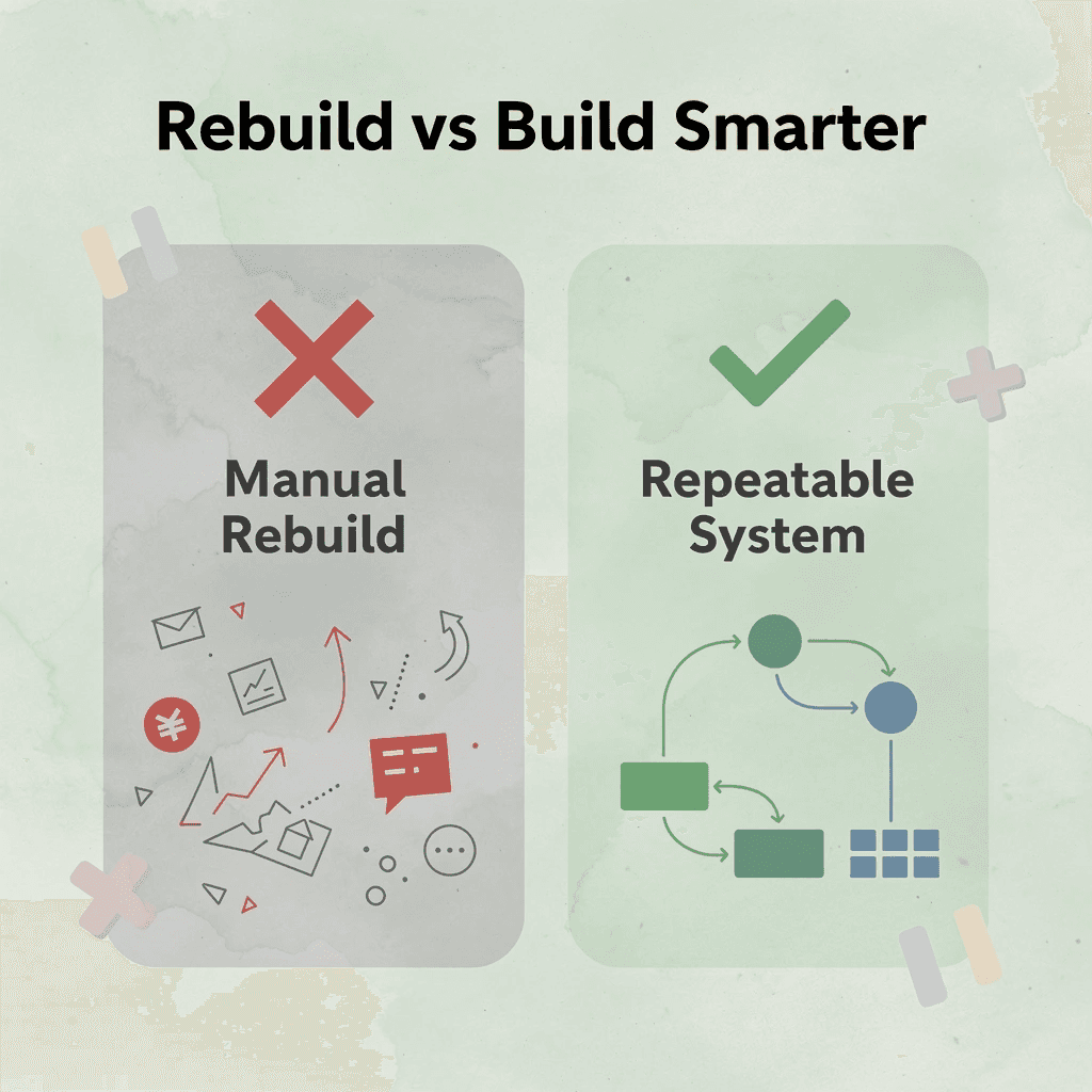 Before and after infographic comparing manual rebuilding to a smarter repeatable system