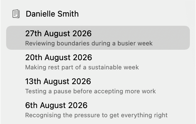 Danielle Smith's draft session on 27 August is selected in the sidebar.