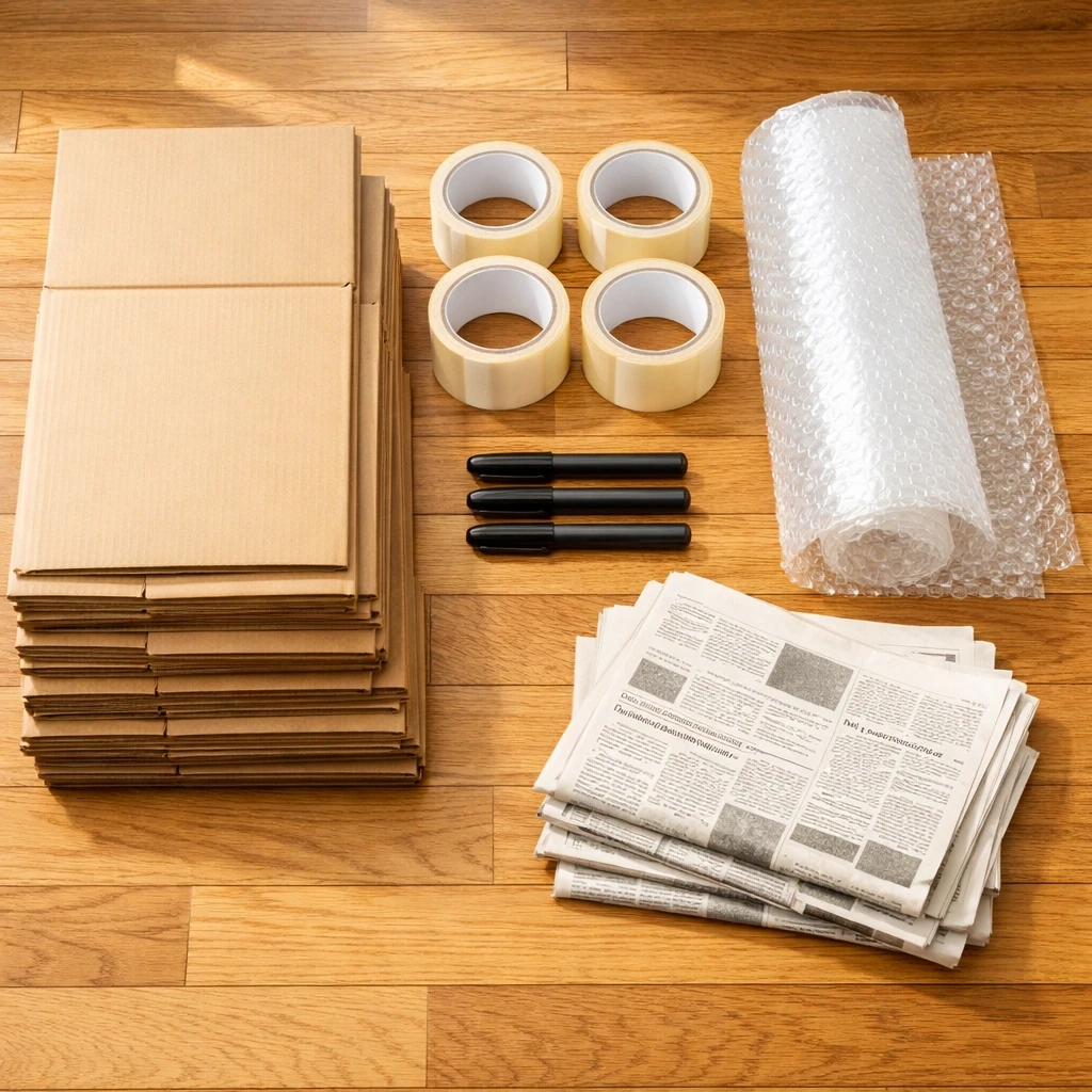 Essential packing supplies organized for a weekend move including boxes, tape, and bubble wrap