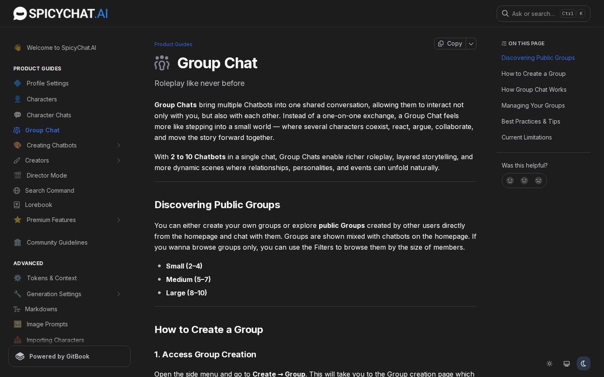 SpicyChat’s public documentation for Group Chat, which supports 2 to 10 characters per thread, September 2026.