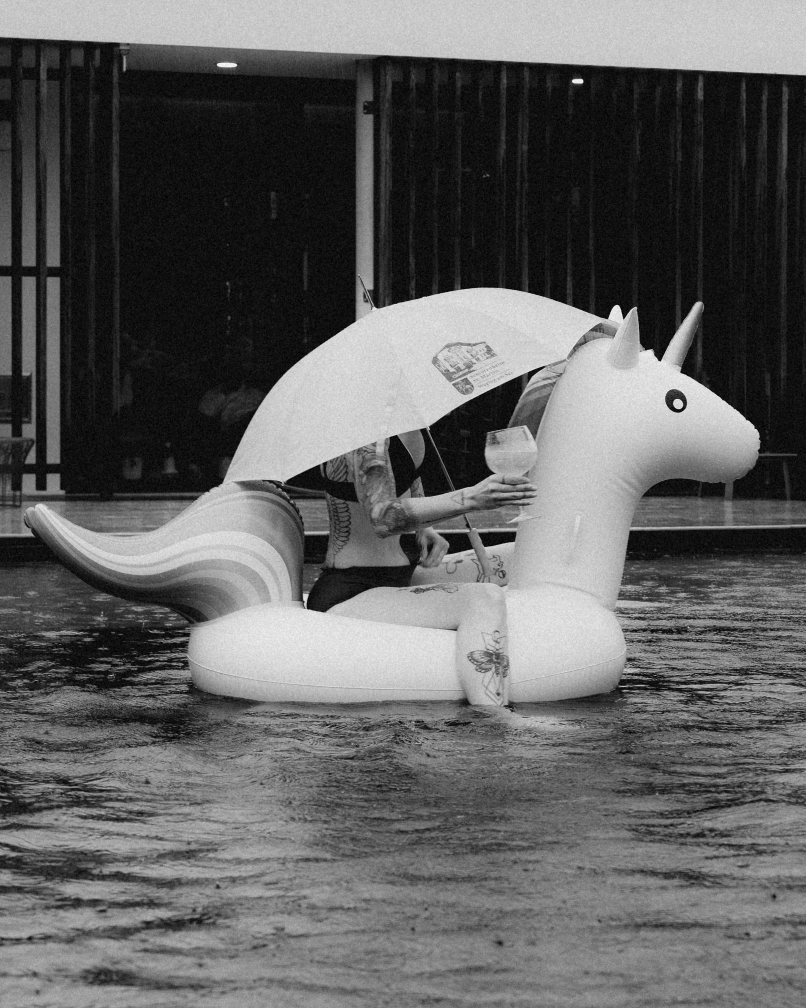 Schwarz-Weiß-Fotografie einer Person, die auf einem aufblasbaren Einhorn im Wasser sitzt, unter einem Regenschirm, mit dem Schriftzug 'WILDLIFE'