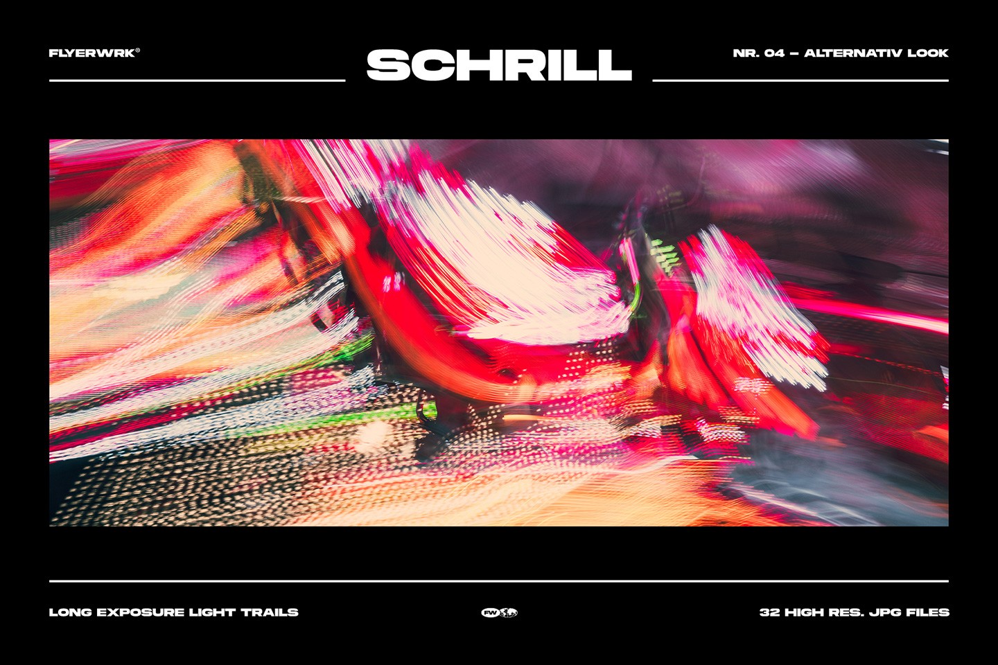 Schrill alternative look light streak background with high-contrast neon light trails and long-exposure photographic details.
