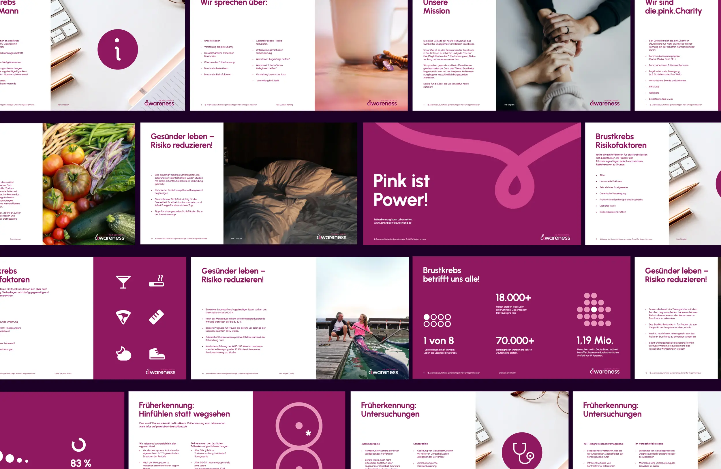 Collage von Präsentationsfolien zur Brustkrebs-Aufklärung mit Themen wie Mission, Früherkennung, „Pink ist Power!“ und Statistik „1 von 8“.