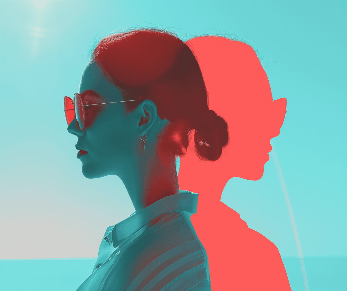 Double exposure portrait of a person's profile, one red and one teal, on a gradient background.