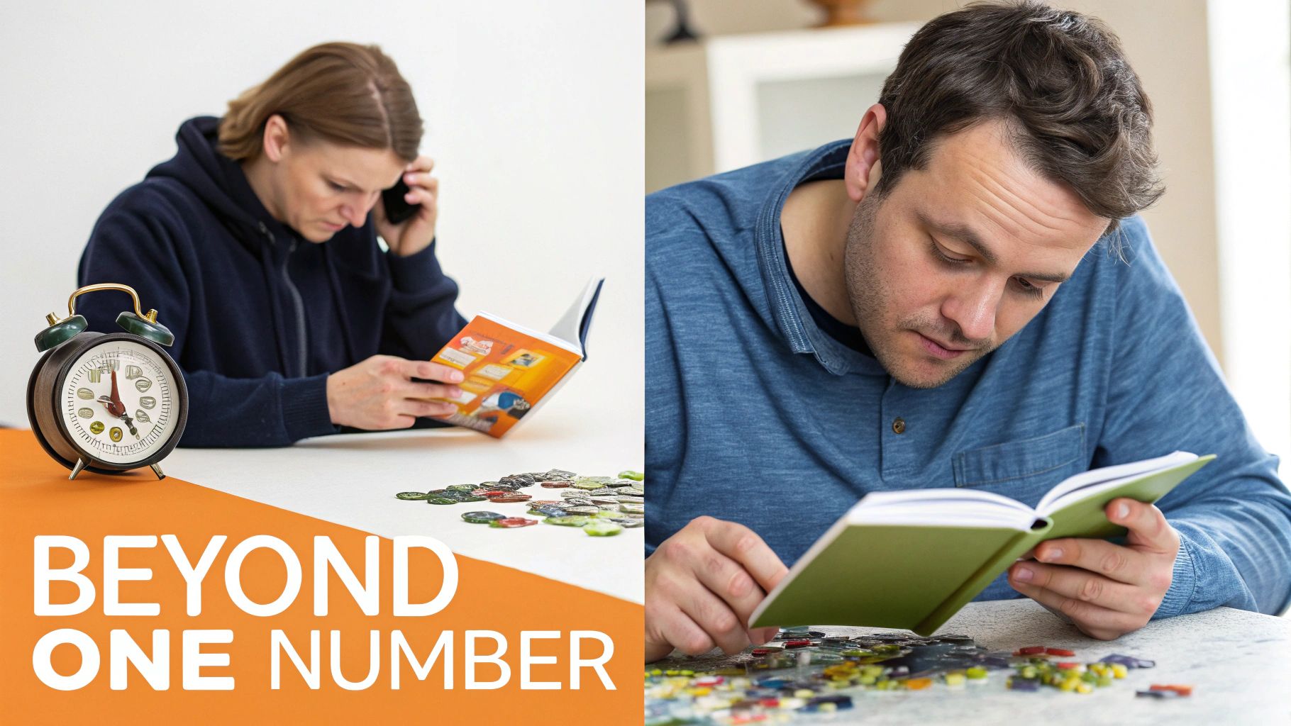 A split image showing a woman and a man, both concentrating on reading books and assembling puzzles.