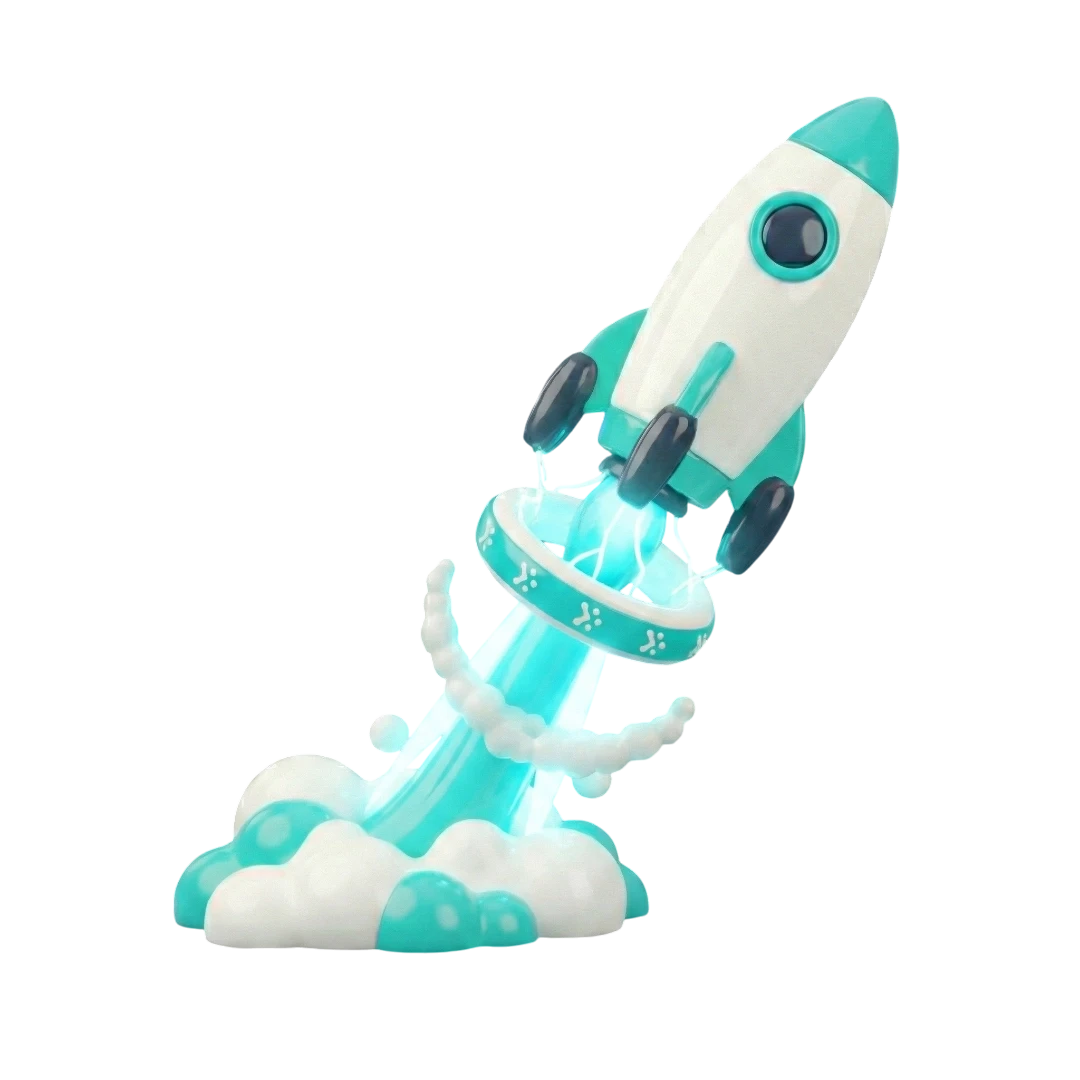 3D-Illustration einer startenden Rakete durch einen entitys Booster-Ring, die symbolisch für einen schnellen und reibungslosen Go-Live-Prozess mit dem Inhouse-Team steht.