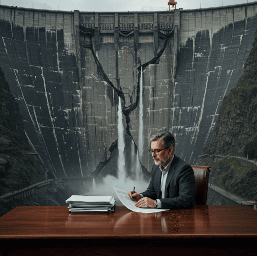 Man in front of leaking dam