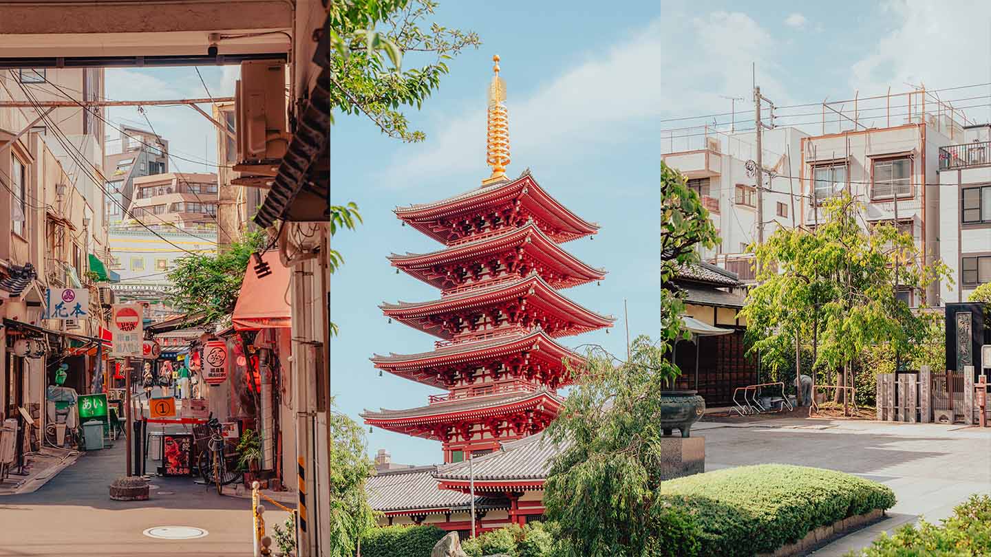 Three colorful vertical images of cityscapes in Tokyo including a temple and busy streets
