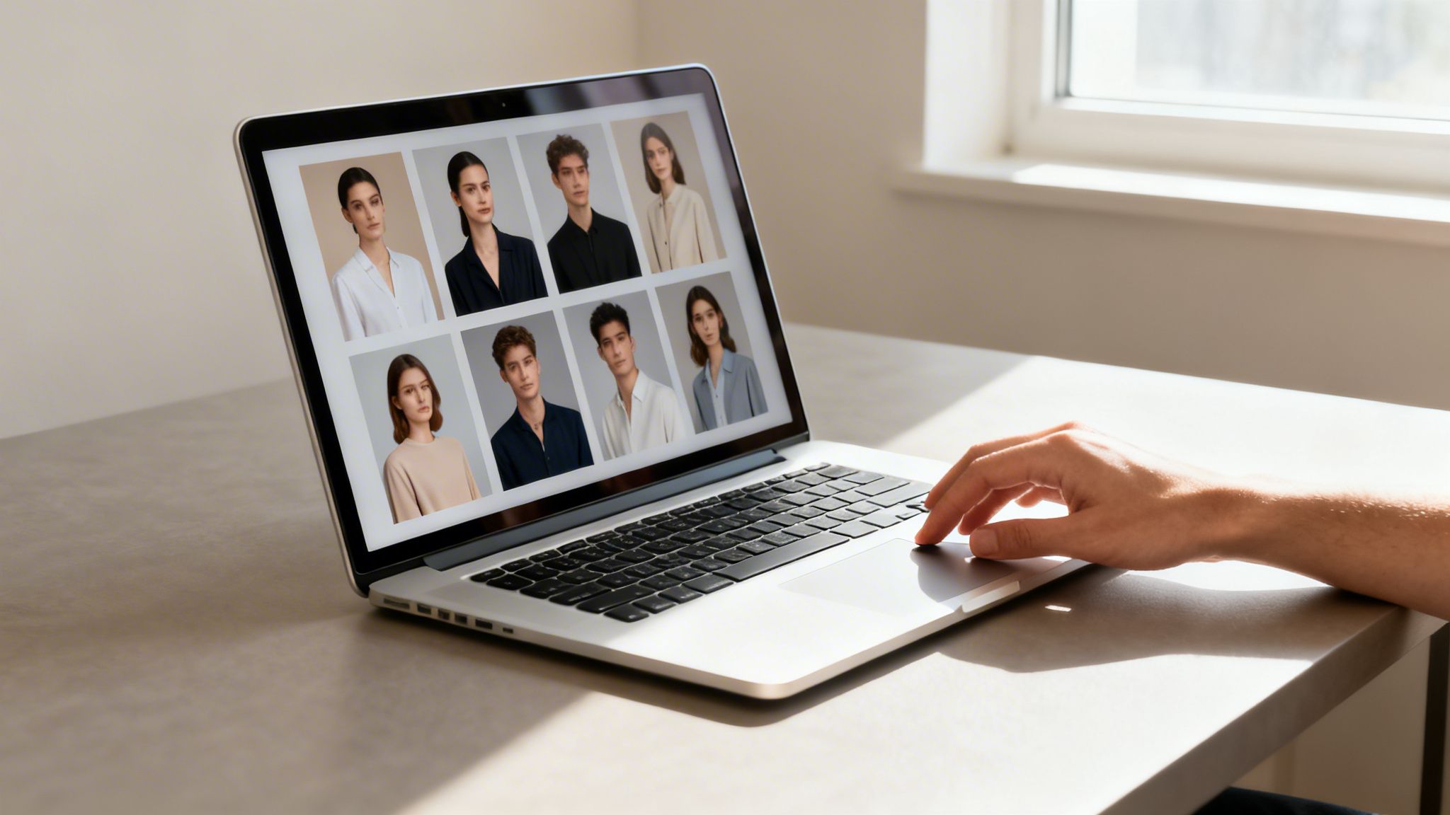 Laptop auf einem Schreibtisch zeigt neun Porträts von Personen, eine Hand bedient das Touchpad.
